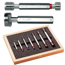 Thread plug gauges for ISO metric threads, fine threads or trapezoidal threads according to DIN 13, DIN 103. , 
Thread plug gauges for American unified threads UNC and UNF, extra fine theads UNEF or pipe threads NPT. , 
Thread plug gauges for Withworth pipe threads or tapered pipe threads.
